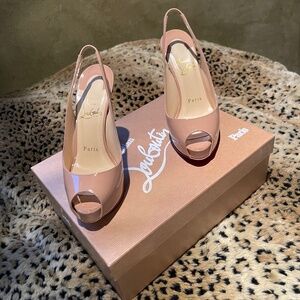 EUC Christian Louboutin Patent Open Toe Slingback Leather Pump - Nude - 34.5